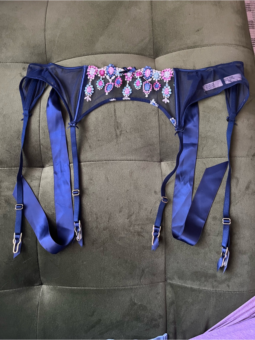 Victoria's Secret Navy Embellished Garter Belt with Pink & Blue Accents nwot